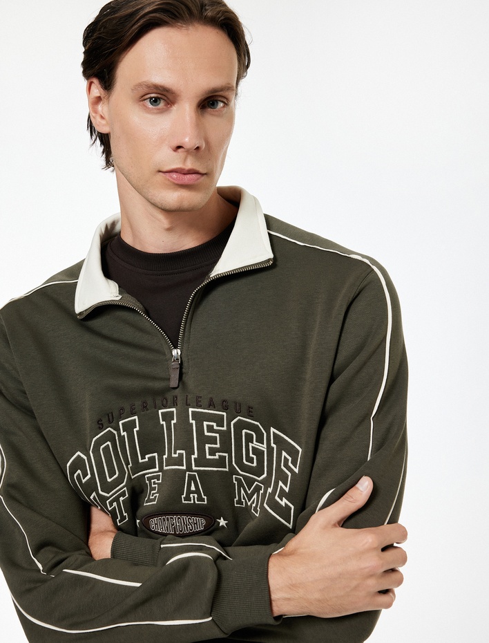 Uzun Kollu Kolej Nakışlı Renk Kontrastlı Şardonlu Yarım Fermuarlı Sweatshirt