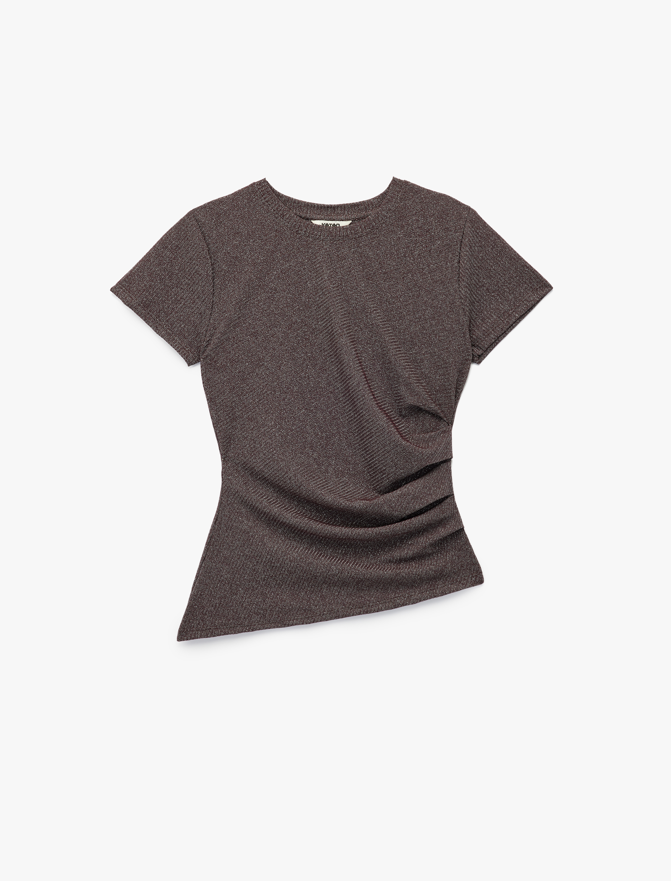 Drape Detaylı Kısa Kollu Bisiklet Yaka Asimetrik Kesim Simli Tişört