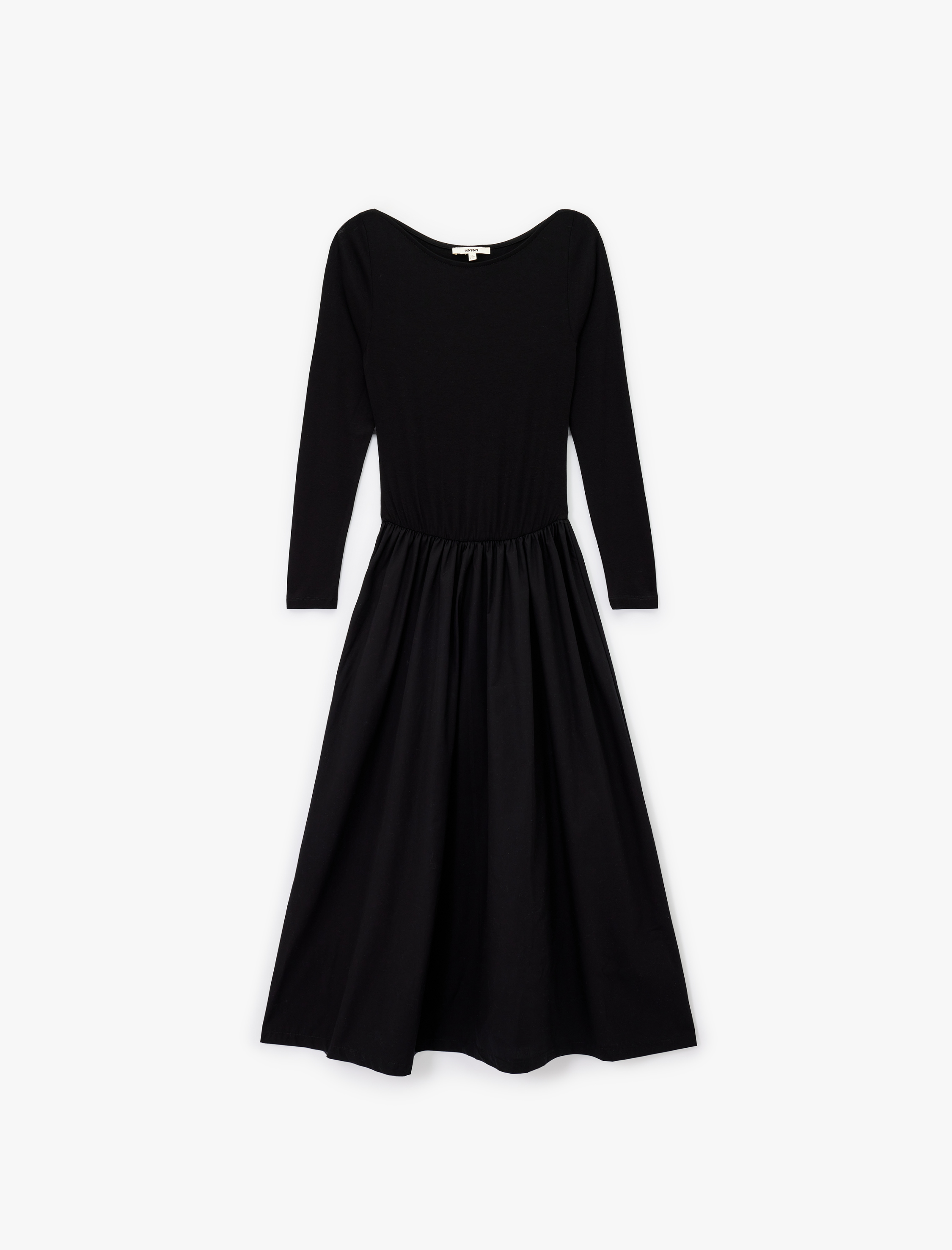   İki Farklı Kumaş Detaylı Uzun Kollu Geniş Yuvarlak Yaka Midi Kloş Elbise