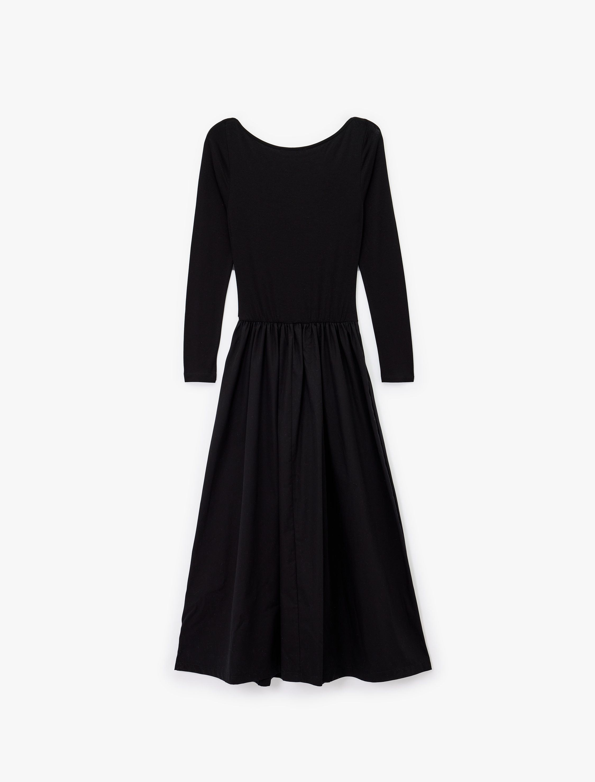   İki Farklı Kumaş Detaylı Uzun Kollu Geniş Yuvarlak Yaka Midi Kloş Elbise