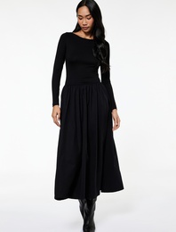 İki Farklı Kumaş Detaylı Uzun Kollu Geniş Yuvarlak Yaka Midi Kloş Elbise