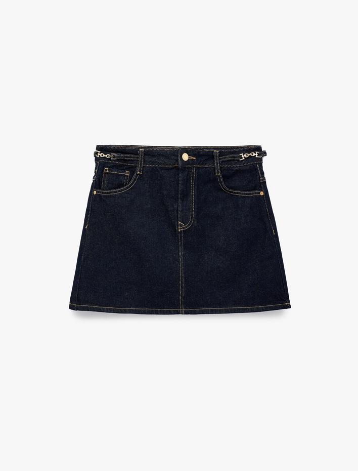  Kemer Detaylı A Kesim Mini Denim Etek