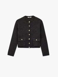 Cepli Gold Düğme Detaylı Uzun Kollu Bisiklet Yaka Triko Hırka