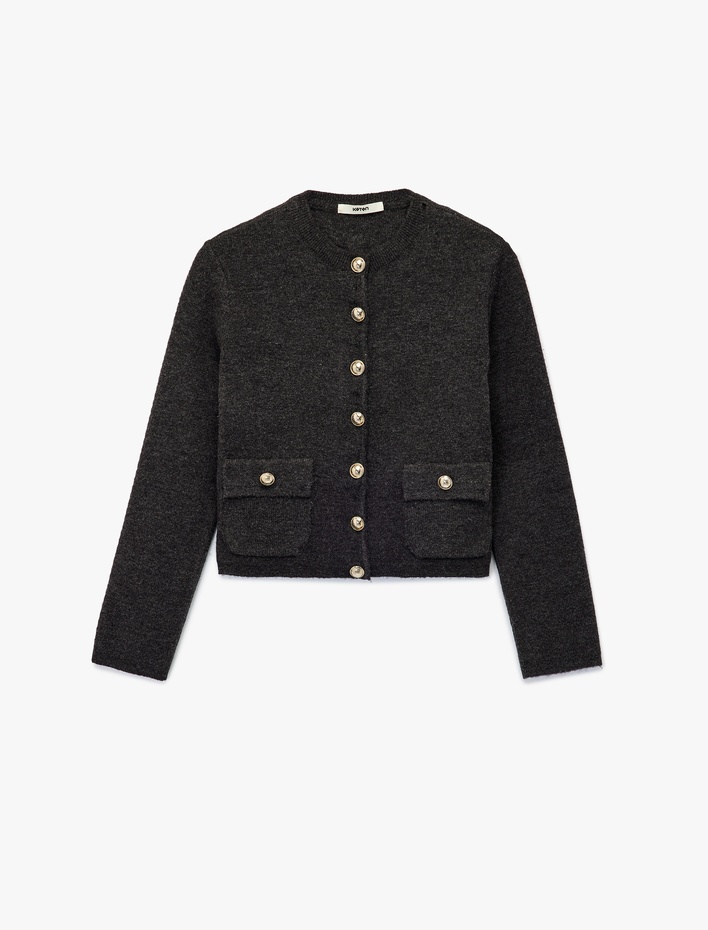  Cepli Gold Düğme Detaylı Uzun Kollu Bisiklet Yaka Triko Hırka