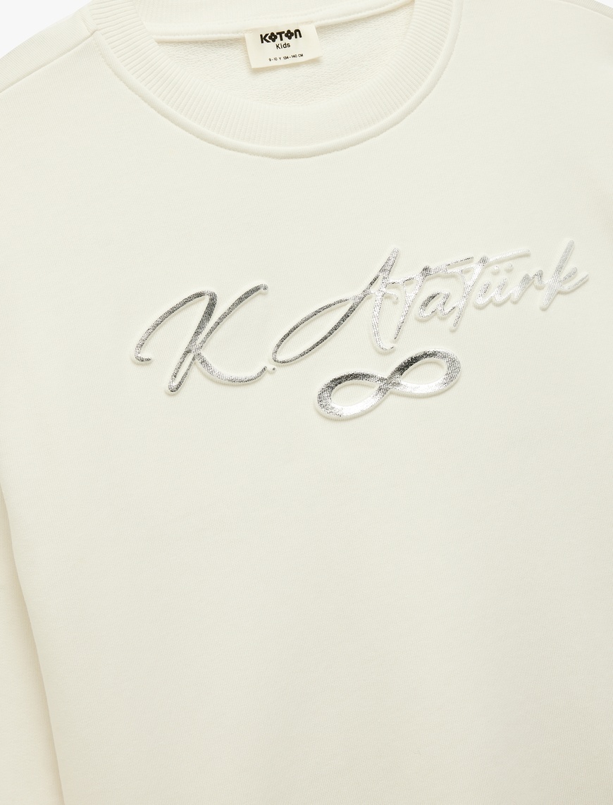  Kız Çocuk Atatürk Baskılı Uzun Kollu Bisiklet Yaka Şardonlu Sweatshirt