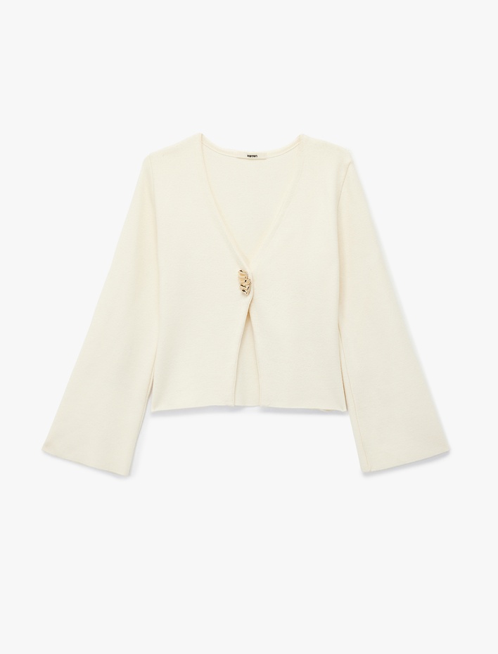  V Yaka Uzun Kollu Metal Aksesuar Detaylı Triko Hırka