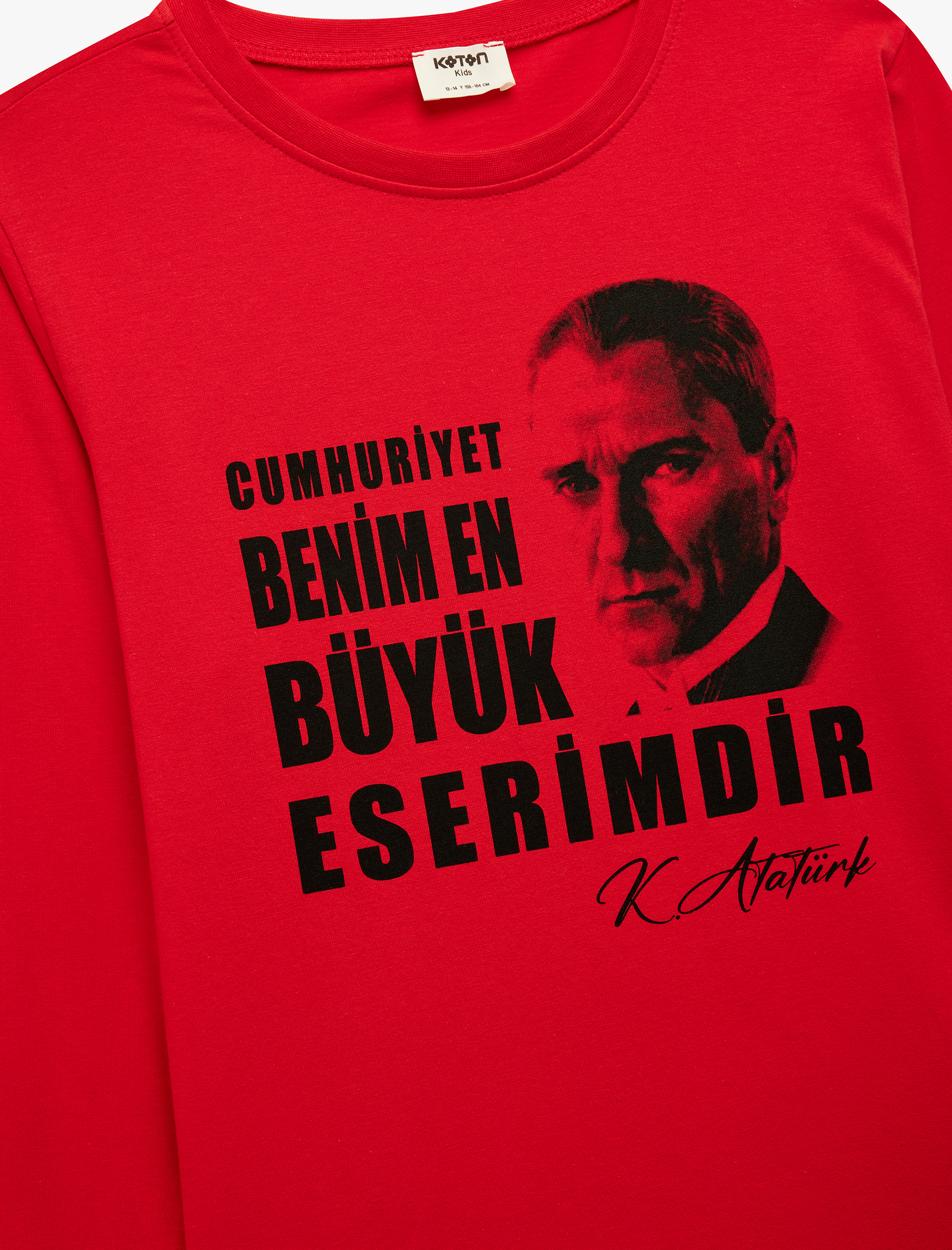 Kız Çocuk Pamuklu Uzun Kollu Bisiklet Yaka Atatürk Baskılı Tişört
