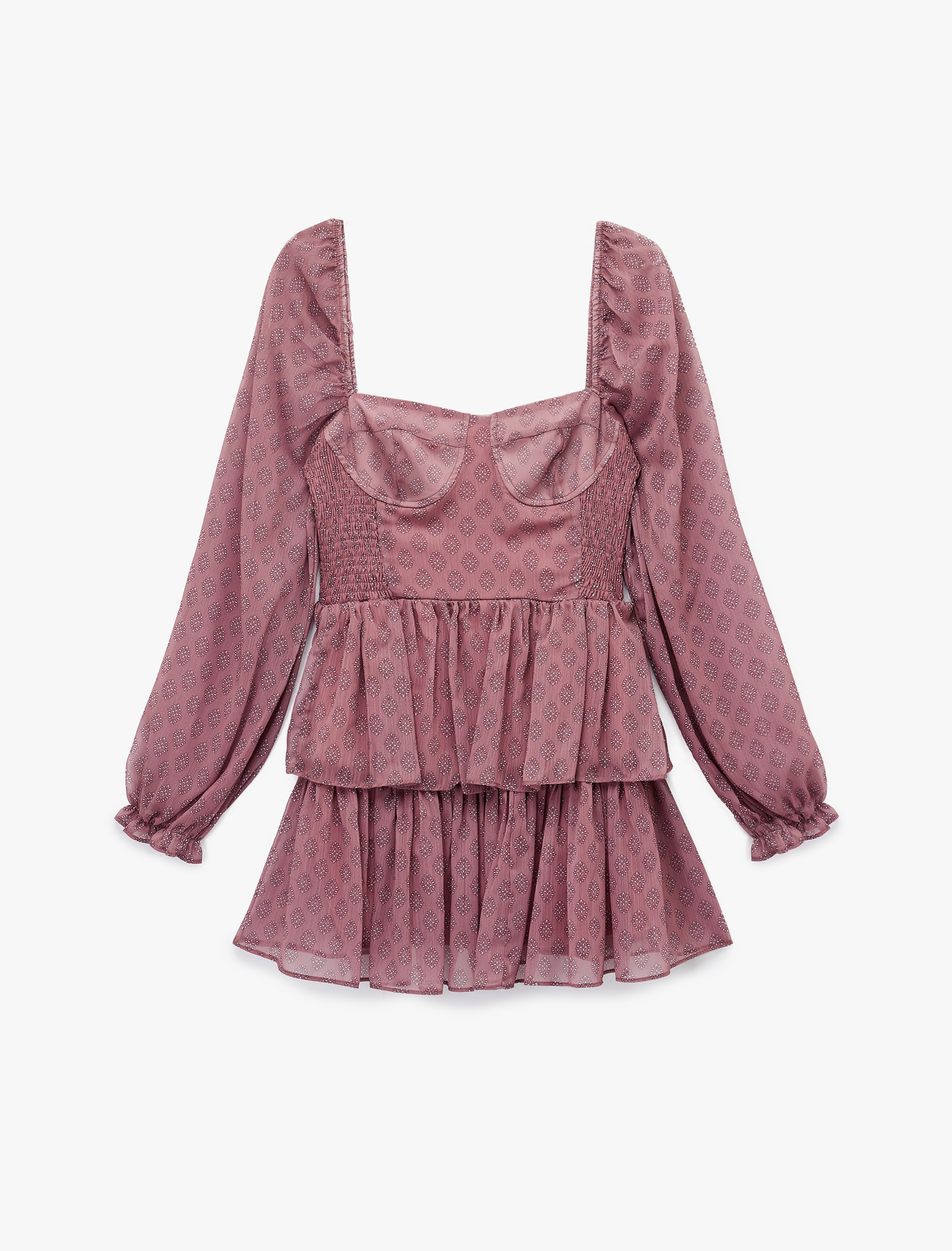   Kare Yaka Balon Kollu Katlı Volanlı Gipeli Mini Şifon Elbise