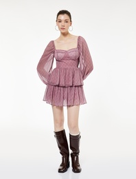 Kare Yaka Balon Kollu Katlı Volanlı Gipeli Mini Şifon Elbise