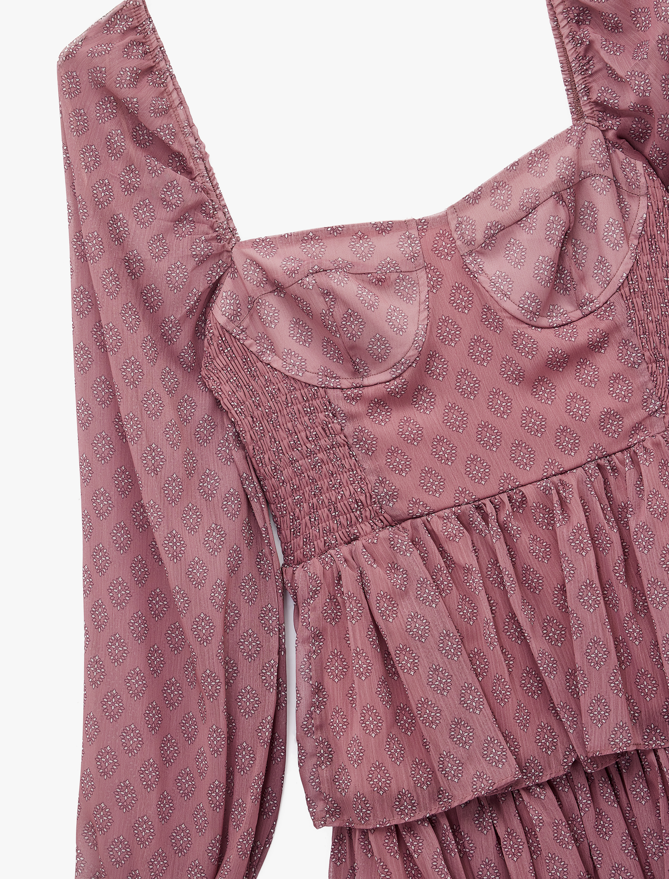   Kare Yaka Balon Kollu Katlı Volanlı Gipeli Mini Şifon Elbise