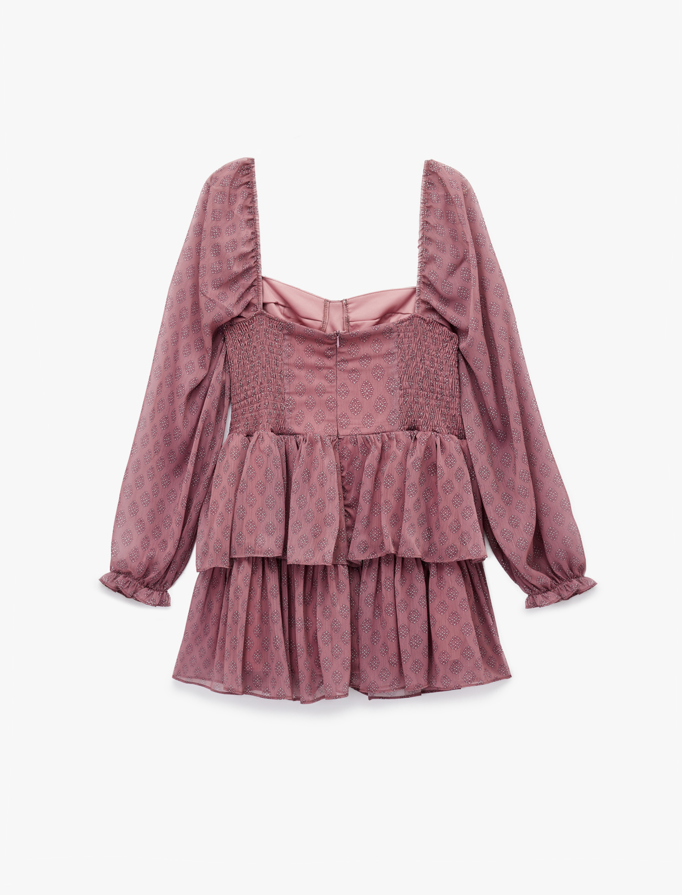   Kare Yaka Balon Kollu Katlı Volanlı Gipeli Mini Şifon Elbise