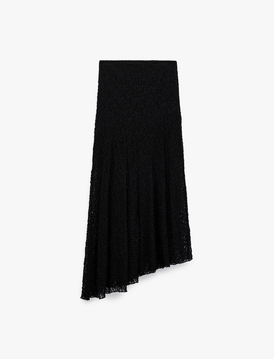   Yüksek Bel Asimetrik Kesim Midi Dantel Etek
