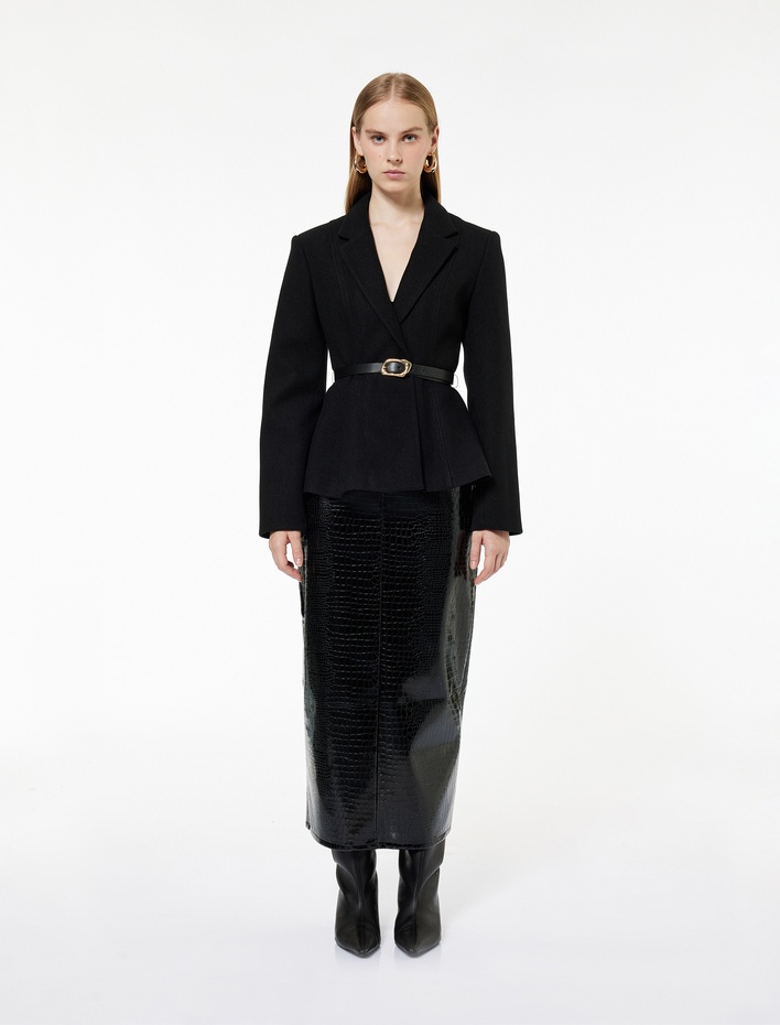  Uzun Kollu Kemer Detaylı Peplum Blazer Ceket