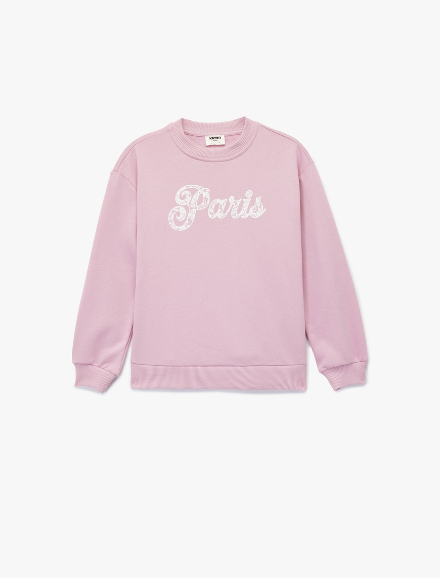  Kız Çocuk Pamuklu Uzun Kollu Bisiklet Yaka Baskılı Sweatshirt