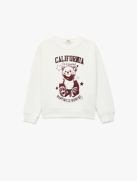Ayıcık Baskılı Uzun Kollu Bisiklet Yaka Sweatshirt