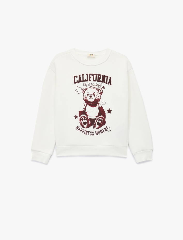 Kız Çocuk Ayıcık Baskılı Uzun Kollu Bisiklet Yaka Sweatshirt
