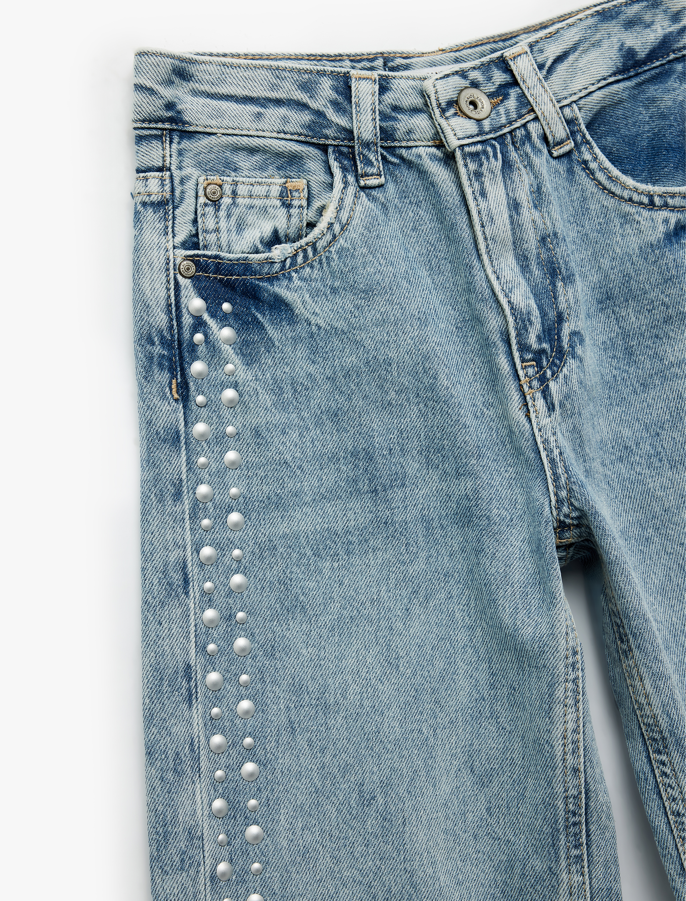  Kız Çocuk Pamuklu Rahat Kesim Zımba Detaylı Geniş Paça Denim Pantolon