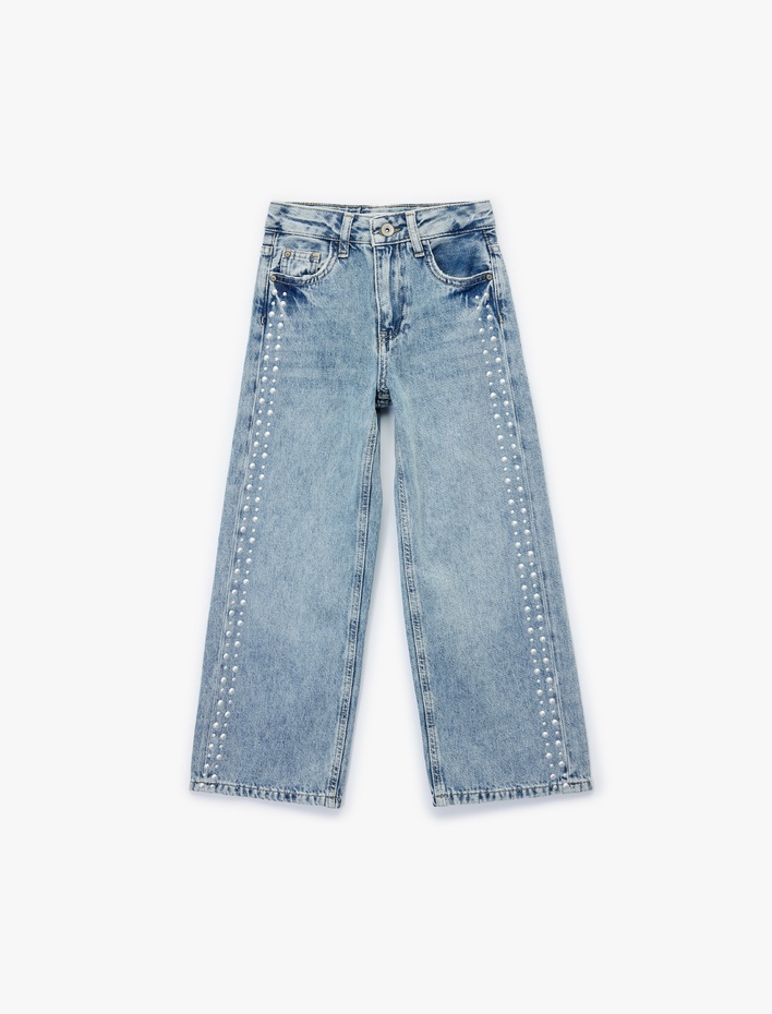 Kız Çocuk Pamuklu Rahat Kesim Zımba Detaylı Geniş Paça Denim Pantolon