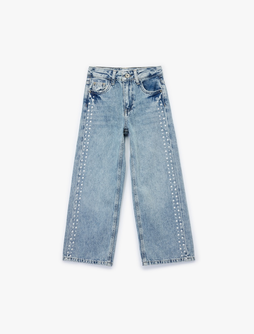  Kız Çocuk Pamuklu Rahat Kesim Zımba Detaylı Geniş Paça Denim Pantolon