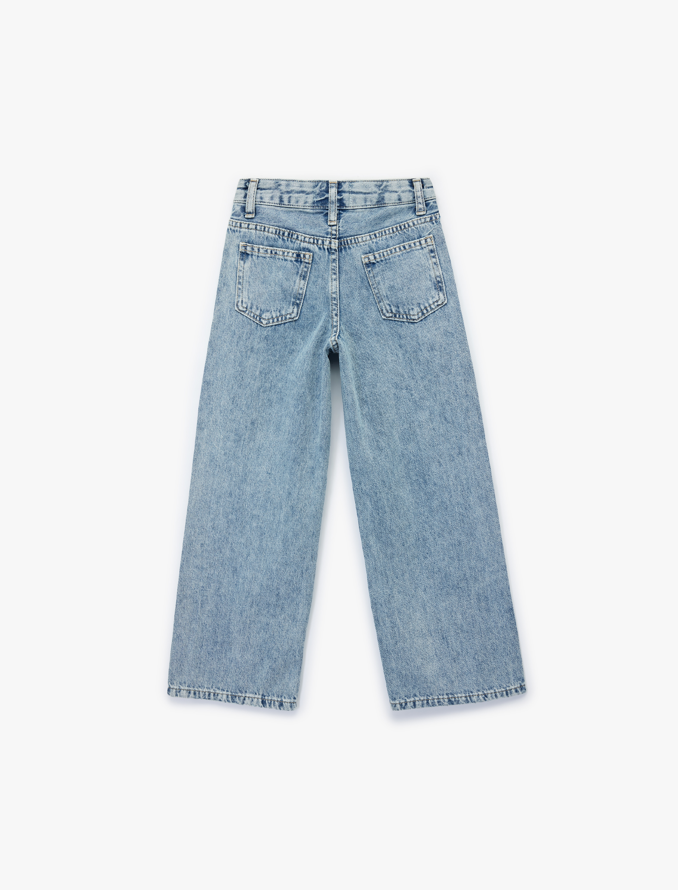  Kız Çocuk Pamuklu Rahat Kesim Zımba Detaylı Geniş Paça Denim Pantolon