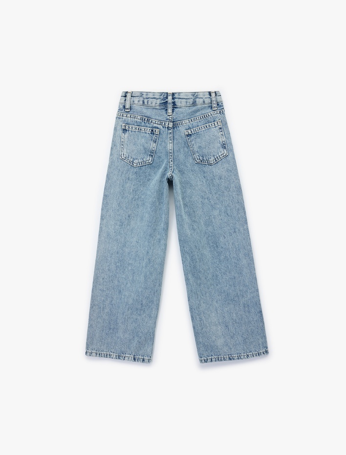 Kız Çocuk Pamuklu Rahat Kesim Zımba Detaylı Geniş Paça Denim Pantolon