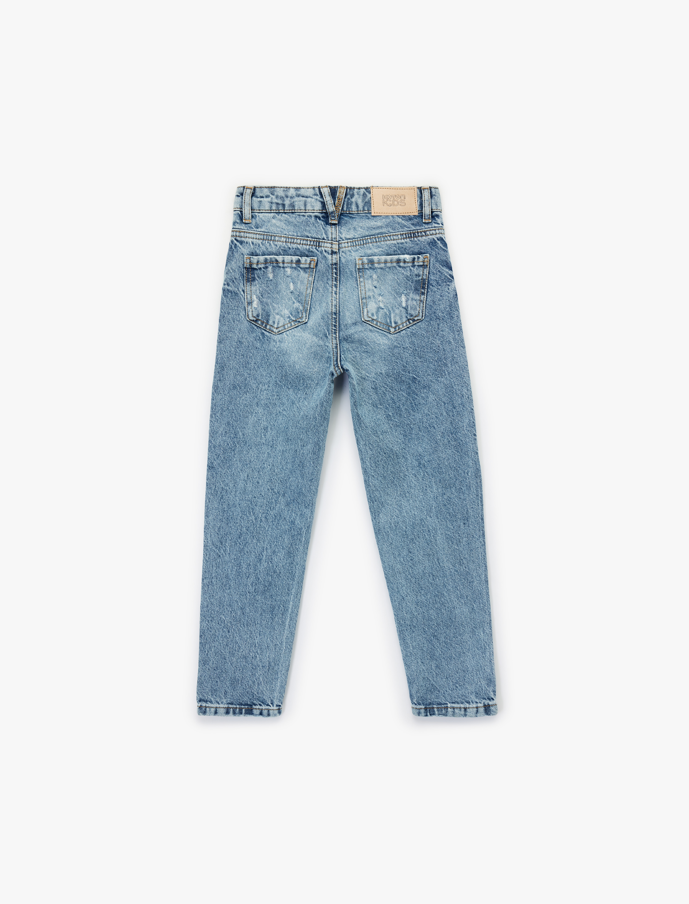  Kız Çocuk Cep Detaylı Yıpratılmış Detaylı Mom Fit Pamuklu Denim Pantolon