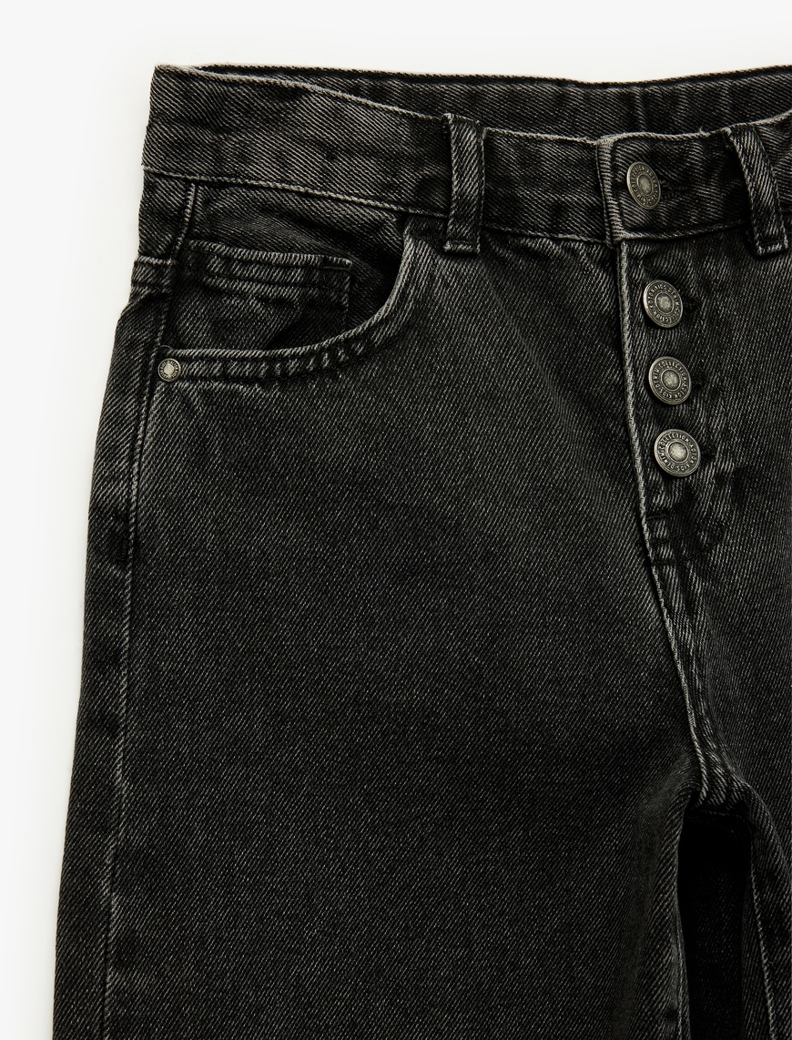  Kız Çocuk Pamuklu Düğme Detaylı Beli Ayarlanabilir Lastikli Denim Pantolon