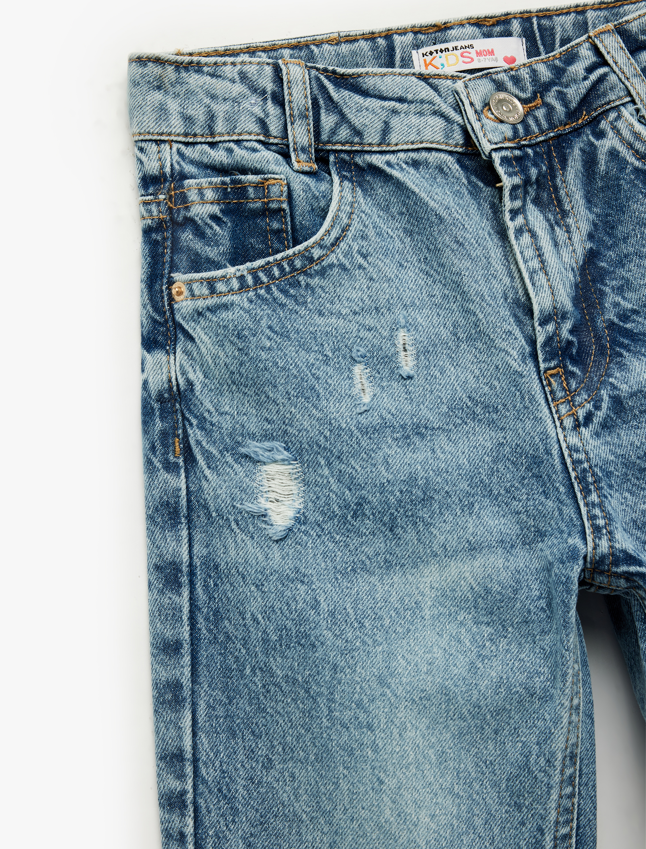  Kız Çocuk Cep Detaylı Yıpratılmış Detaylı Mom Fit Pamuklu Denim Pantolon