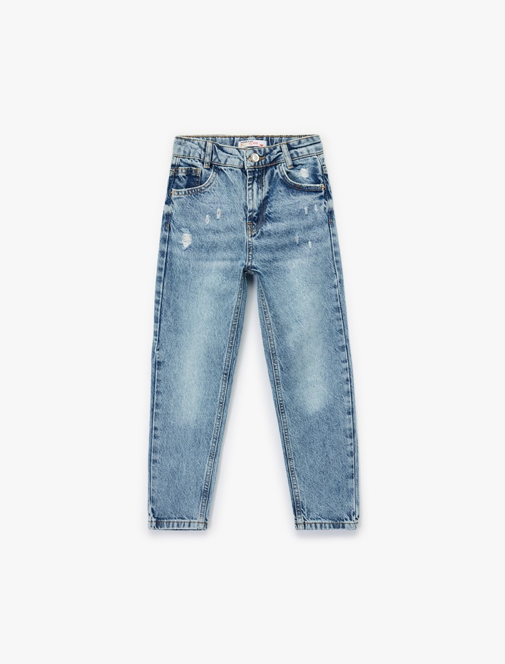 Kız Çocuk Cep Detaylı Yıpratılmış Detaylı Mom Fit Pamuklu Denim Pantolon