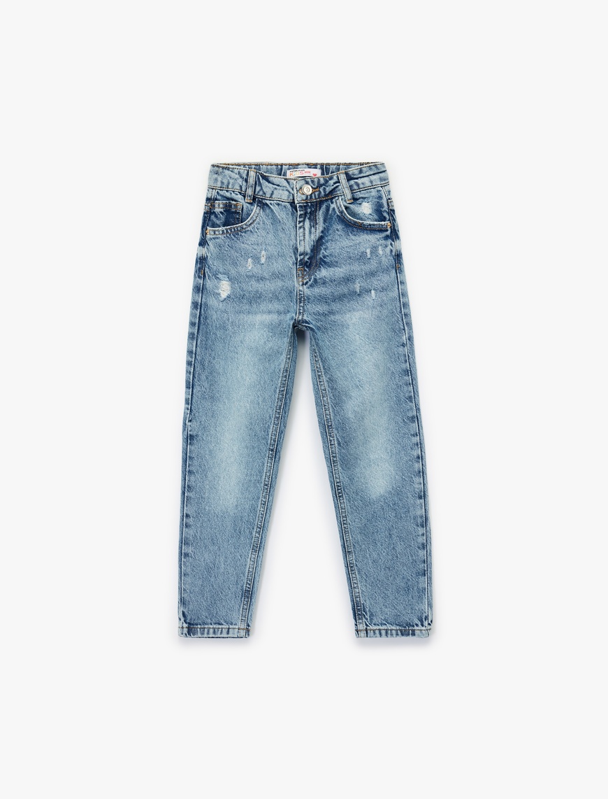  Kız Çocuk Cep Detaylı Yıpratılmış Detaylı Mom Fit Pamuklu Denim Pantolon