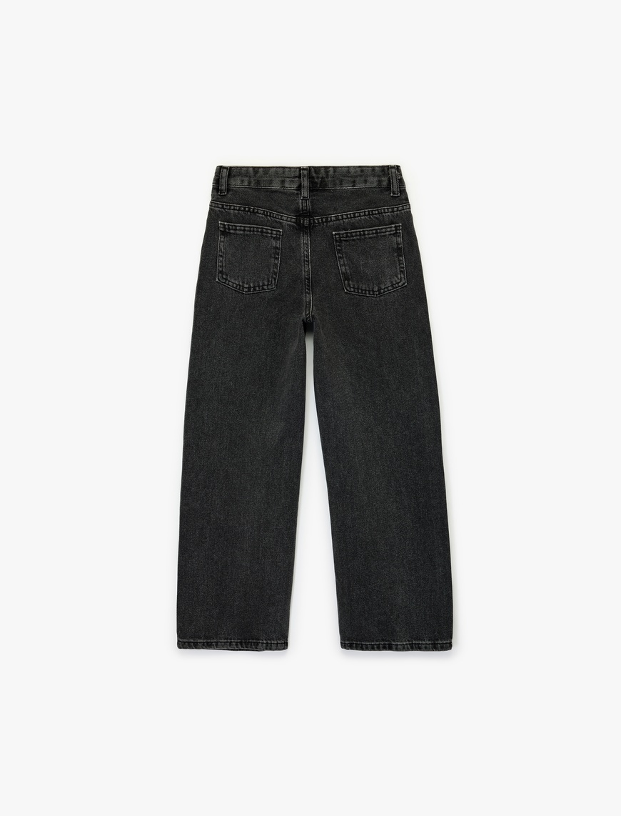  Kız Çocuk Pamuklu Düğme Detaylı Beli Ayarlanabilir Lastikli Denim Pantolon