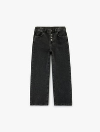Pamuklu Düğme Detaylı Beli Ayarlanabilir Lastikli Denim Pantolon