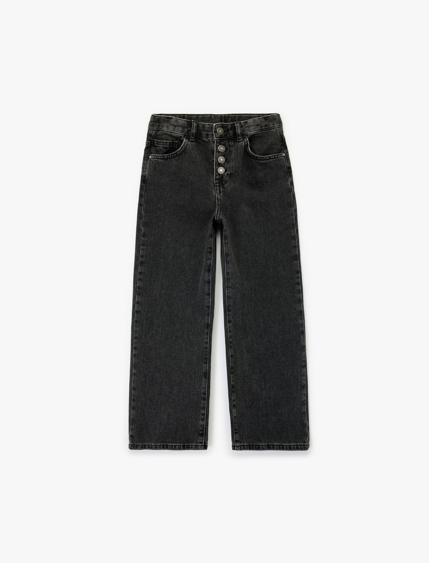  Kız Çocuk Pamuklu Düğme Detaylı Beli Ayarlanabilir Lastikli Denim Pantolon