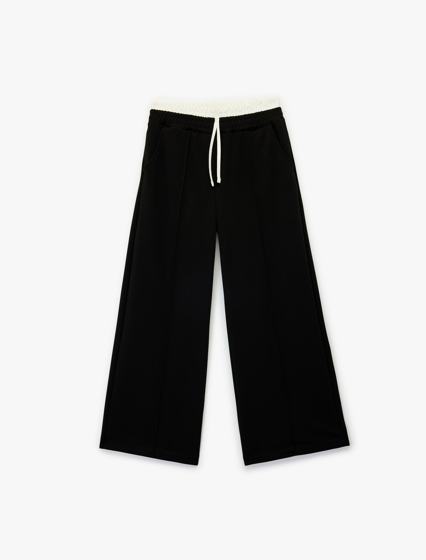  Kız Çocuk Beli Lastikli Cepli Geniş Paça Pantolon