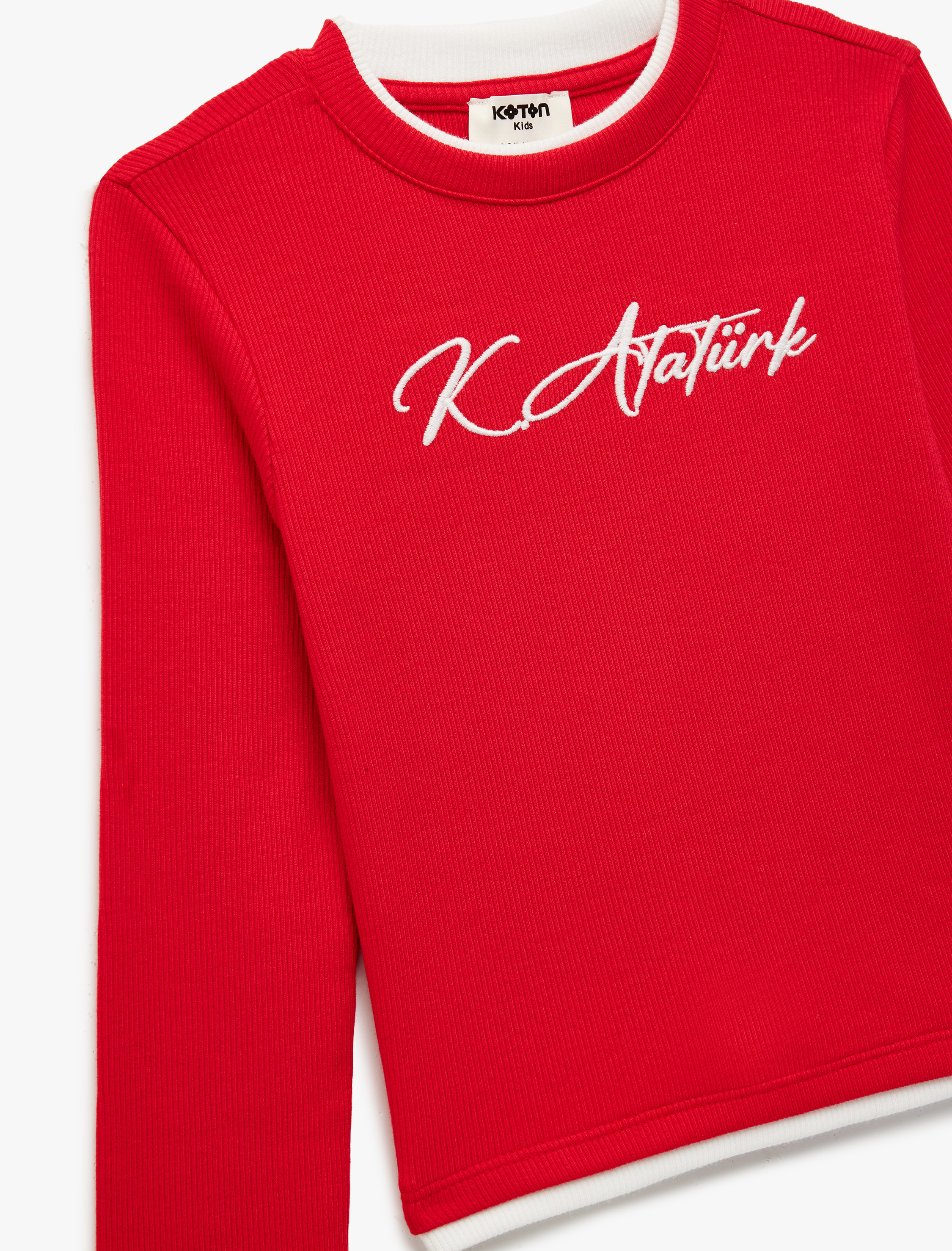  Kız Çocuk Atatürk İmzalı Nakış Detaylı Uzun Kollu Bisiklet Yaka Pamuklu Tişört