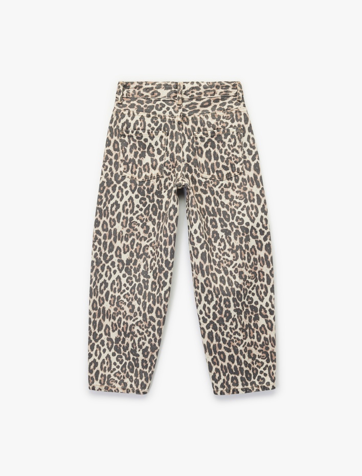 Kız Çocuk Pamuklu Rahat Kalıp Leopar Desenli Balon Form Denim Pantolon