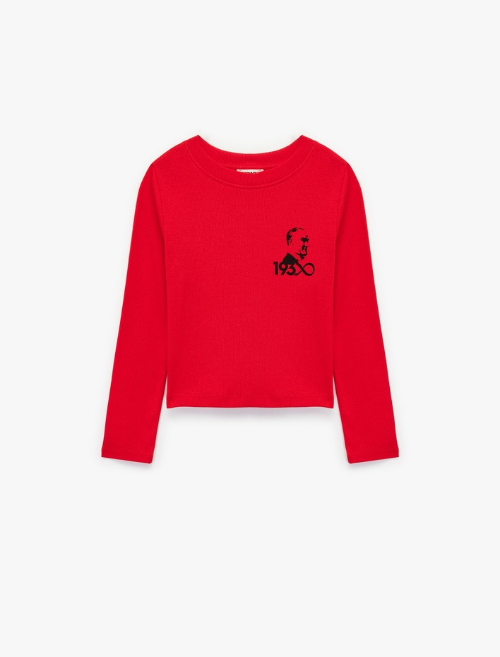 Kız Çocuk Bisiklet Yaka Uzun Kollu Pamuklu Atatürk Baskılı Tişört