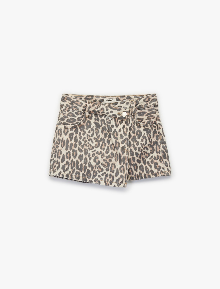 Kız Çocuk Leopar Desenli Pamuklu Kruvaze Denim Şort Etek