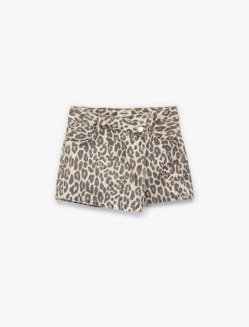  Kız Çocuk Leopar Desenli Pamuklu Kruvaze Denim Şort Etek