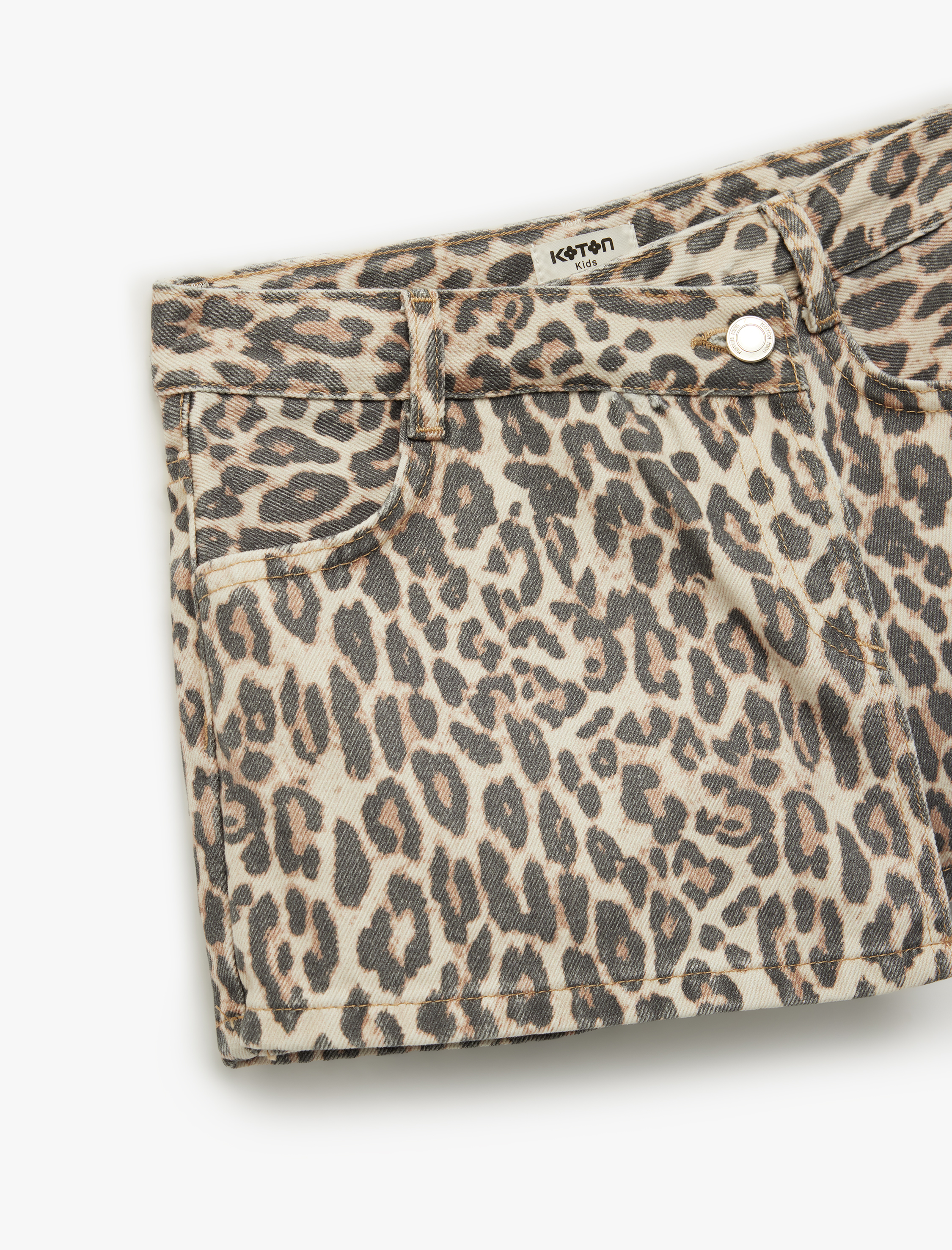  Kız Çocuk Leopar Desenli Pamuklu Kruvaze Denim Şort Etek