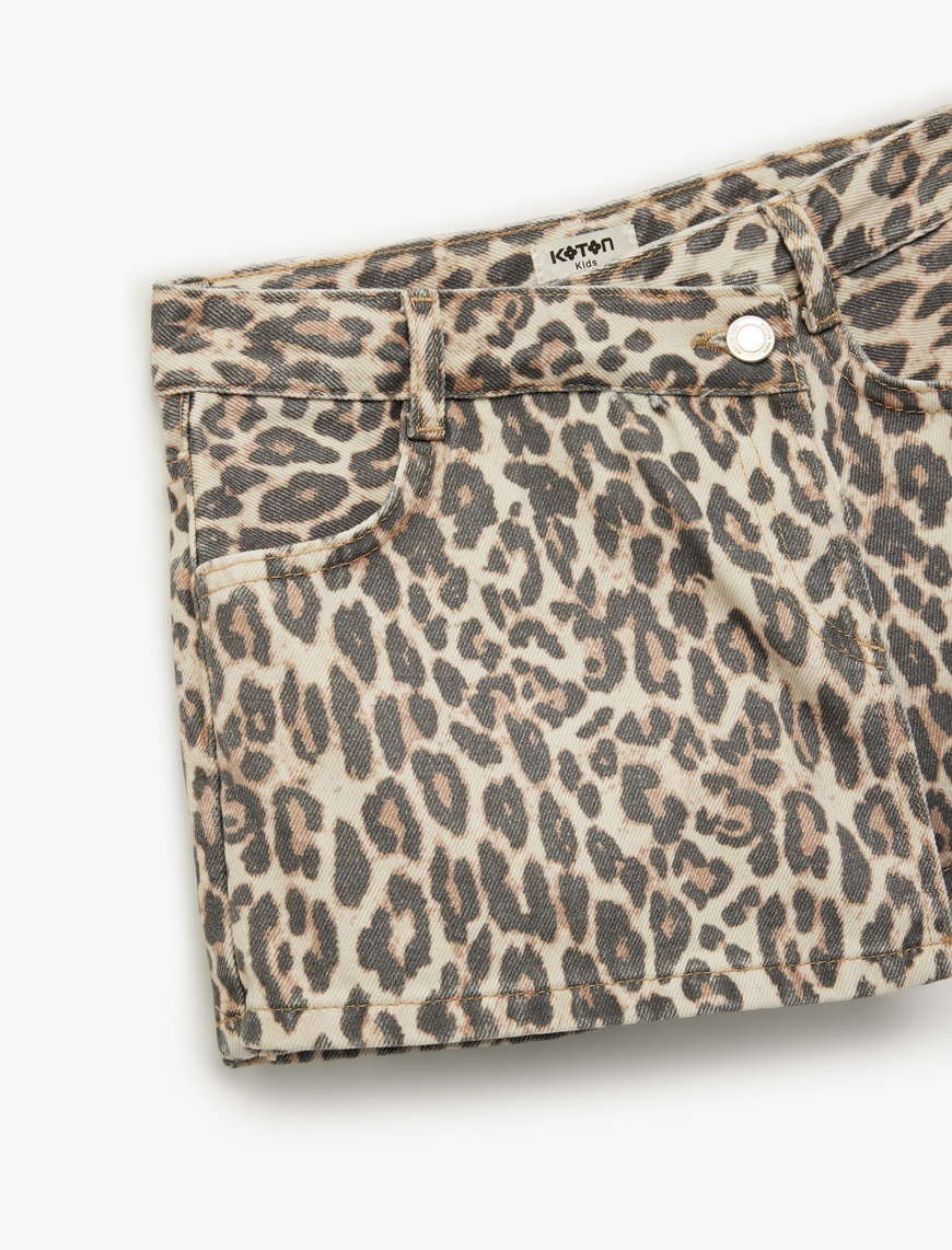  Kız Çocuk Leopar Desenli Pamuklu Kruvaze Denim Şort Etek