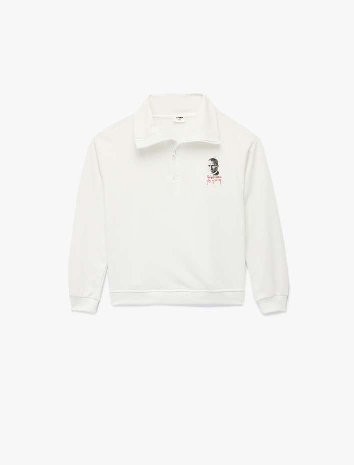 Kız Çocuk Atatürk Baskılı Yarım Fermuarlı Dik Yaka Uzun Kollu Sweatshirt