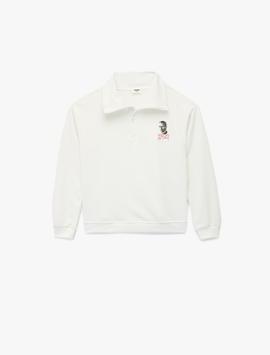  Kız Çocuk Atatürk Baskılı Yarım Fermuarlı Dik Yaka Uzun Kollu Sweatshirt