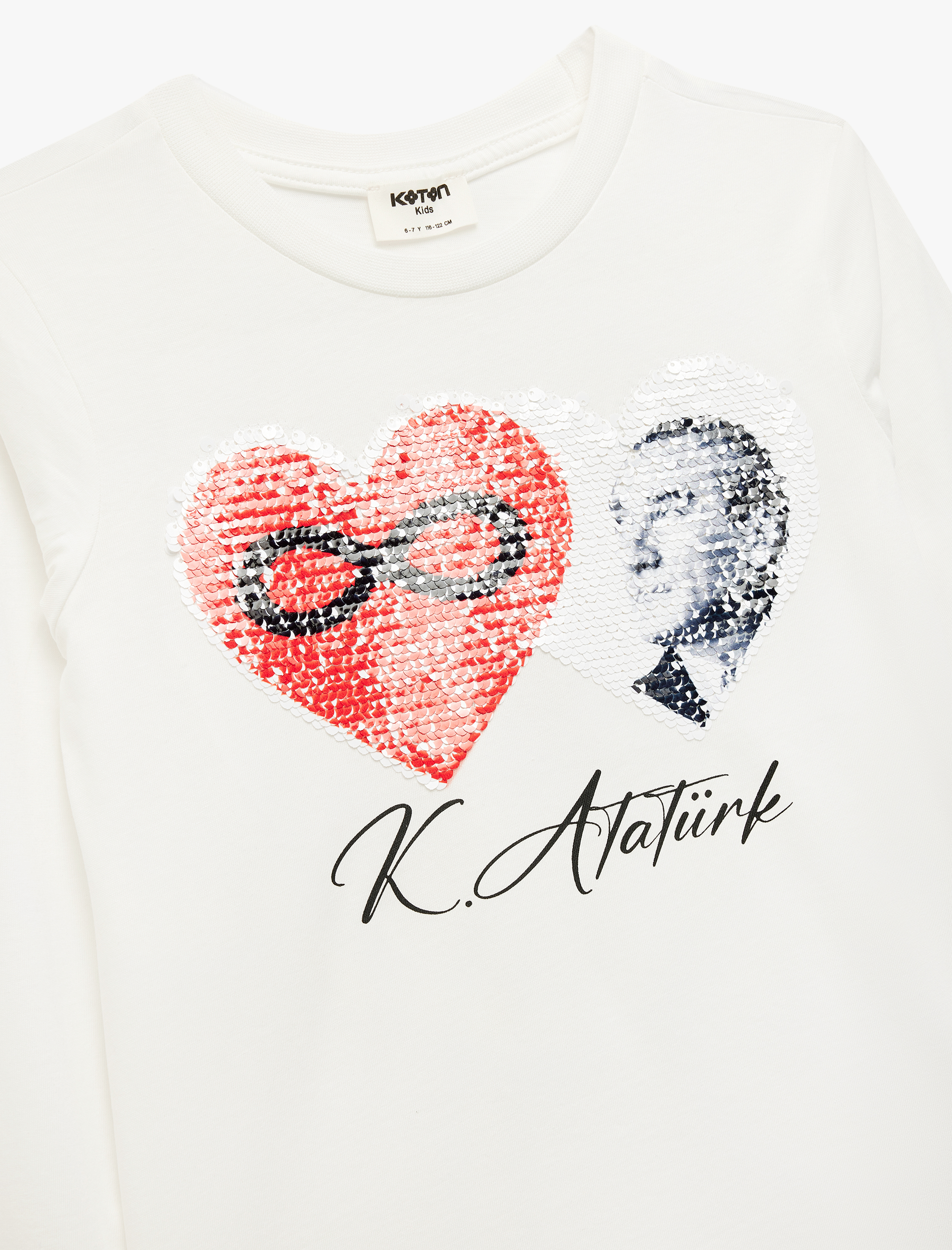  Kız Çocuk Uzun Kollu Bisiklet Yaka Pamuklu Pullu Payetli  Atatürk Baskılı Tişört