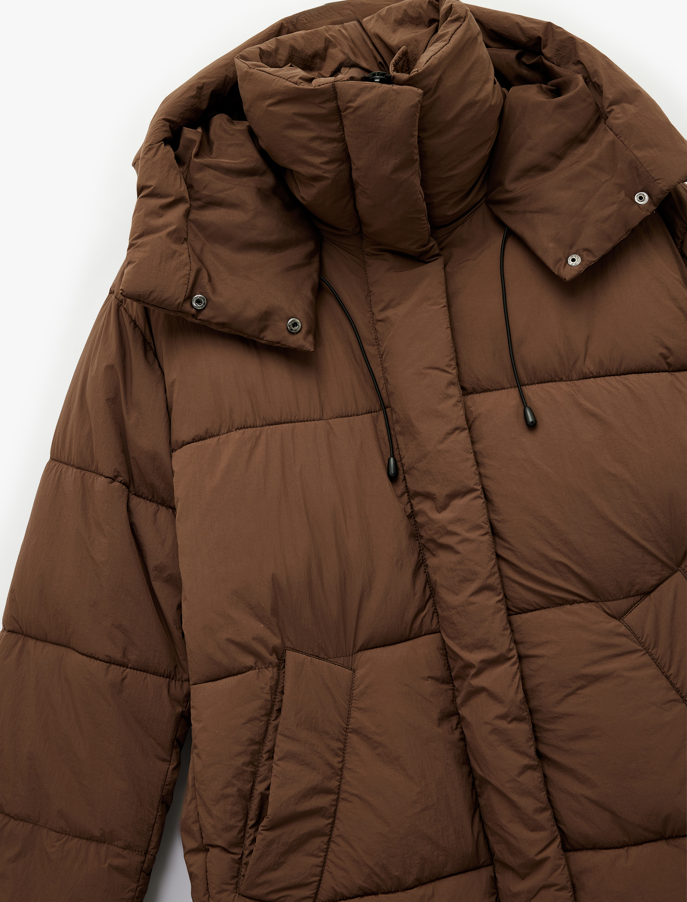   Uzun Kollu Cepli Kapüşonlu Fermuarlı Oversize Su İtici Uzun Şişme Mont