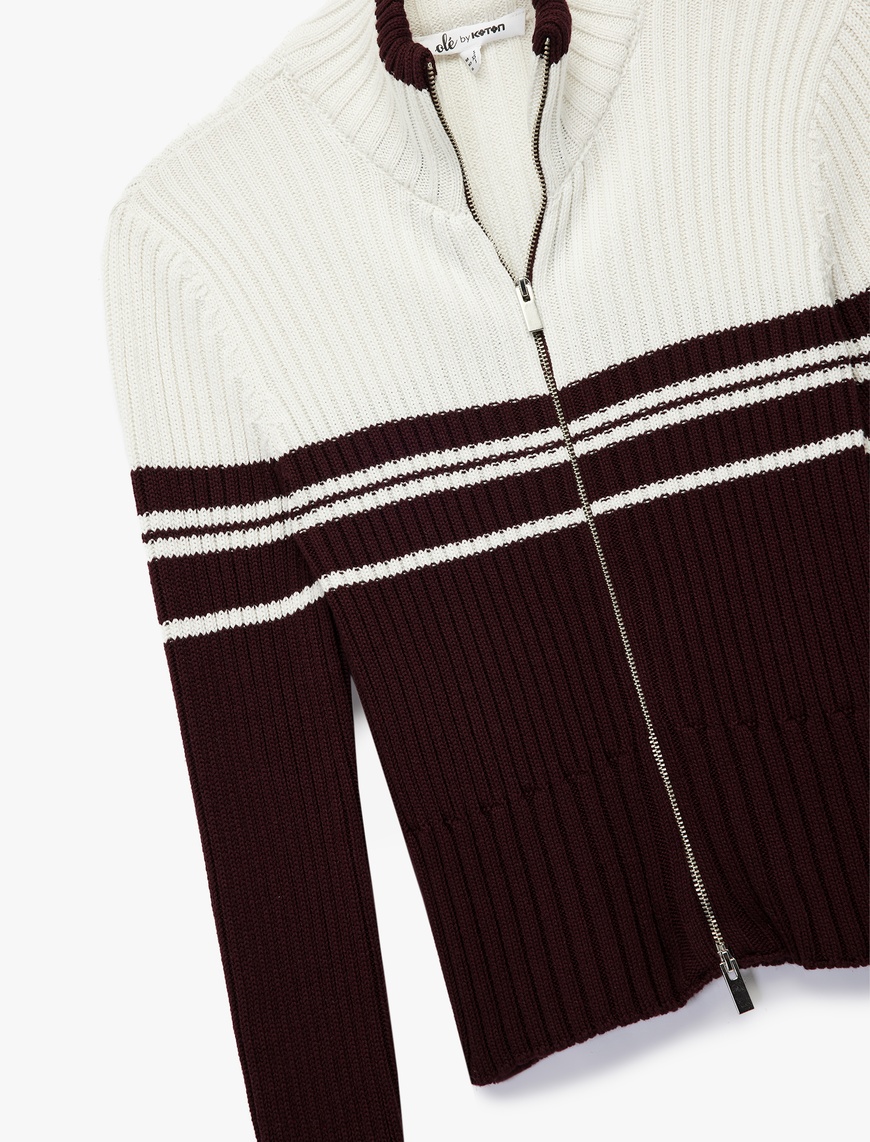   Dik Yaka Slim Fit Uzun Kollu Çizgili Fermuarlı Triko Hırka