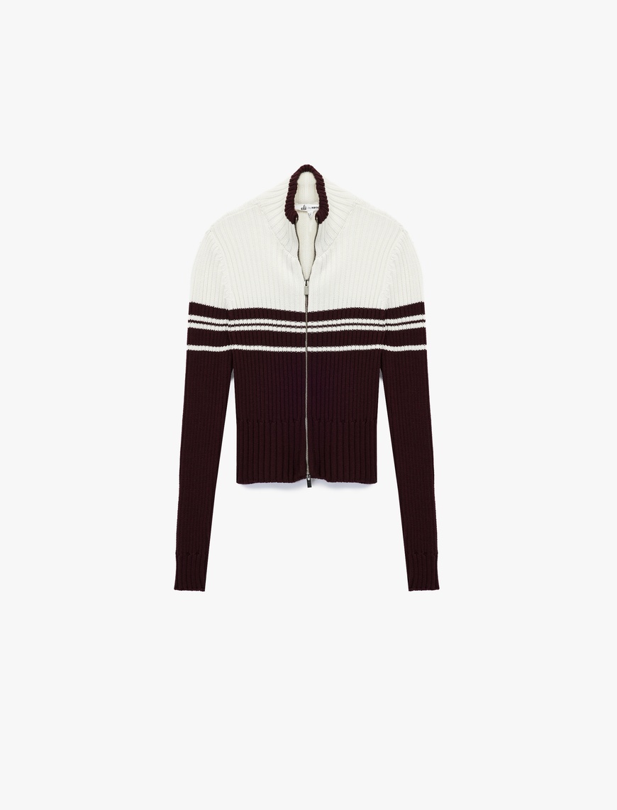   Dik Yaka Slim Fit Uzun Kollu Çizgili Fermuarlı Triko Hırka