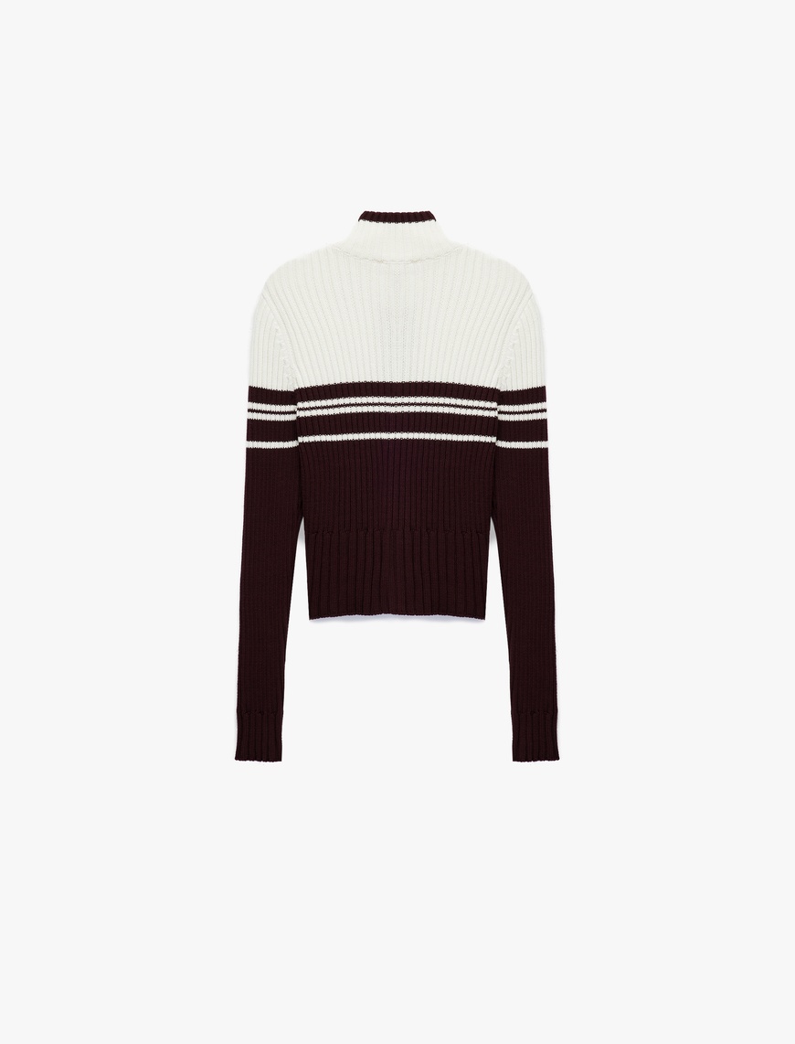   Dik Yaka Slim Fit Uzun Kollu Çizgili Fermuarlı Triko Hırka