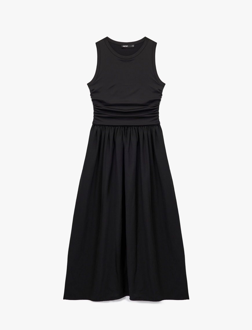   Slim Fit Bisiklet Yaka Kolsuz Midi Kloş Elbise