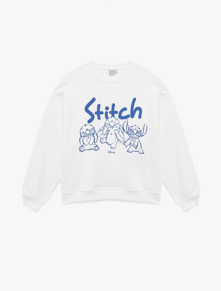  Stitch Lisanslı Bisiklet Yaka Baskılı Oversize Sweatshirt